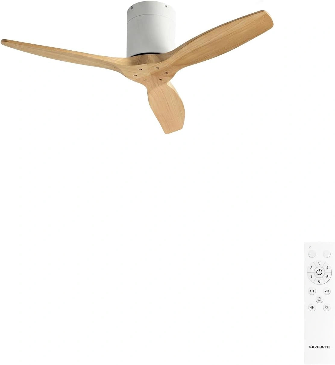 CREATE / Windcalm S Plafondventilator ABS wit lichthouten vleugels met afstandsbediening / 40 W, stil, Ø 112 cm, 6 snelheden, 3 LED-temperaturen