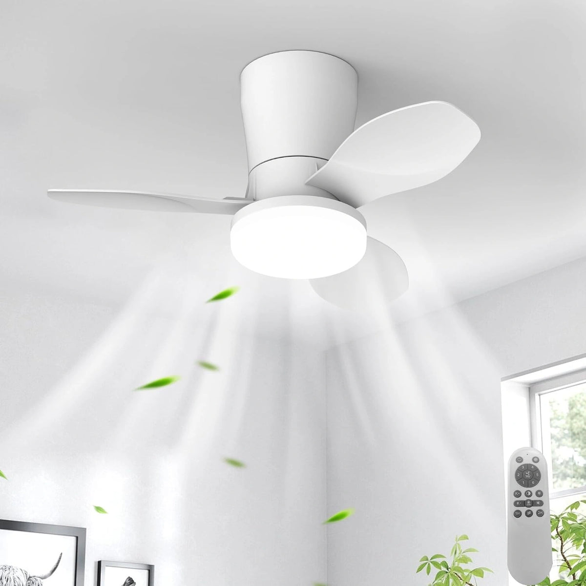 Qcyuui Plafondventilator, wit, 65 cm, met ledlicht, stil, DC-motor, omkeerbaar, afstandsbediening, 6 snelheden, timer, aparte bediening, dimbaar