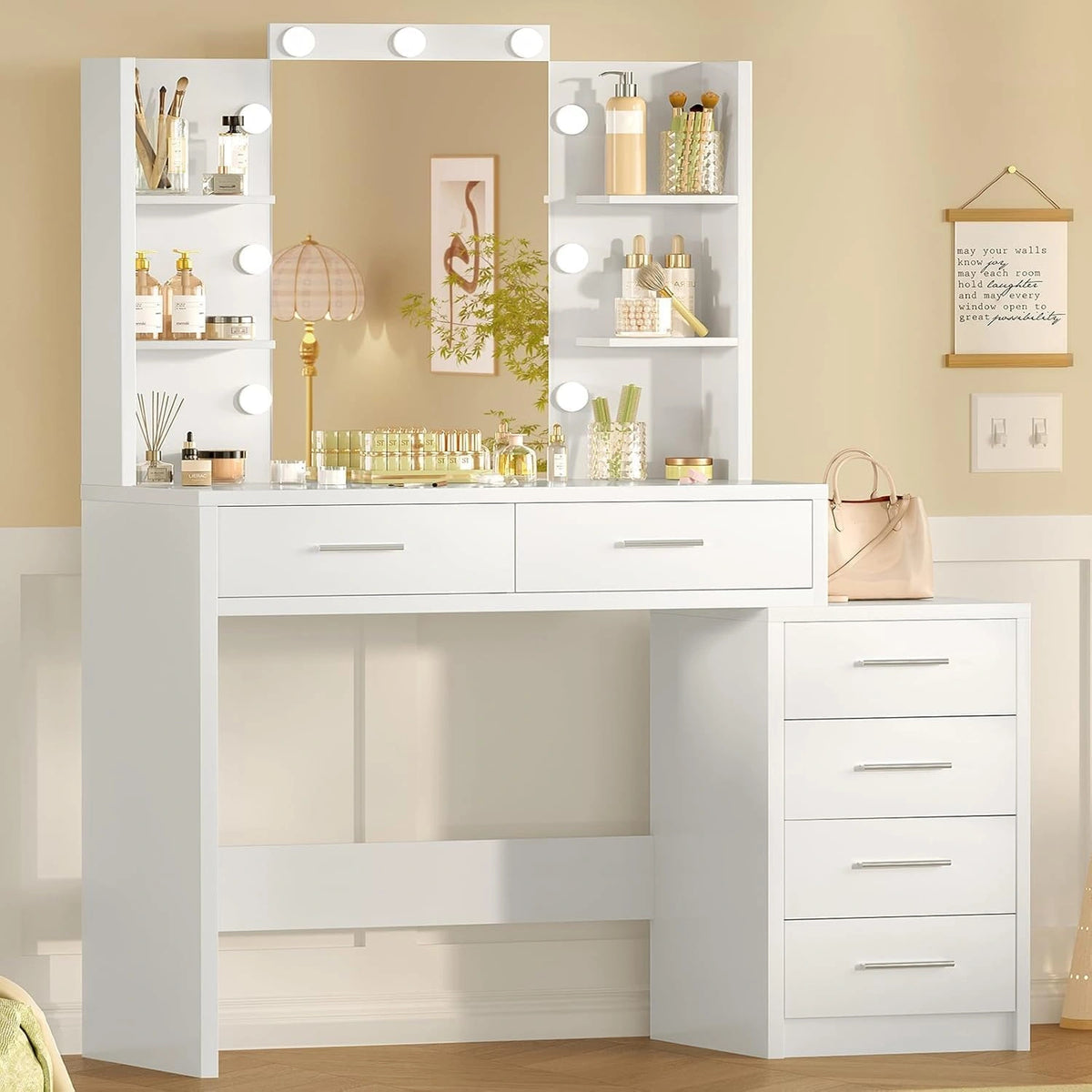 TEENFON Coiffeuse met Verlichting, Instelbare Helderheid (6 lades en 4 planken), beige/zilver