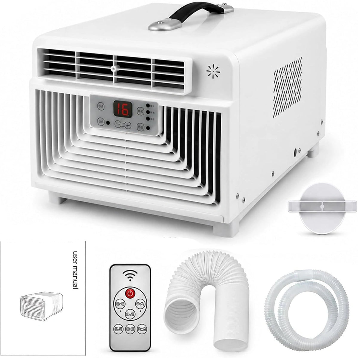 Draagbare airconditioner met afstandsbediening, 3400 BTU compacte draagbare airconditioner met uitlaatslang, 4 standen, 1–12 uur timer