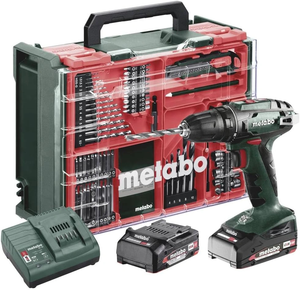 Metabowerke GmbH BS 18 Set accuschroefboormachine, 18 V, 2 x 2 Ah, oplader SC 30, kunststof koffer met 74-delige mobiele werkplaats