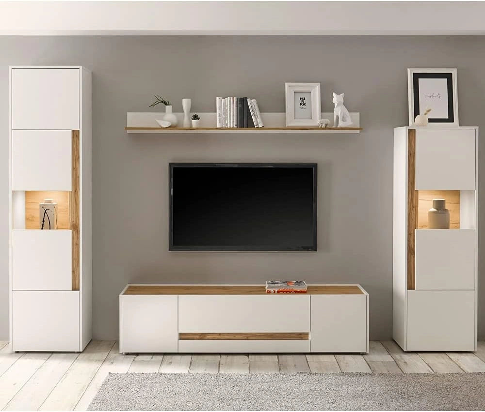 Lomadox TV-wandmeubel 4-delig met LED-verlichting in wit met afwerkingen in Wotan eiken Nb, B/H/T: ca. 310/197/45 cm