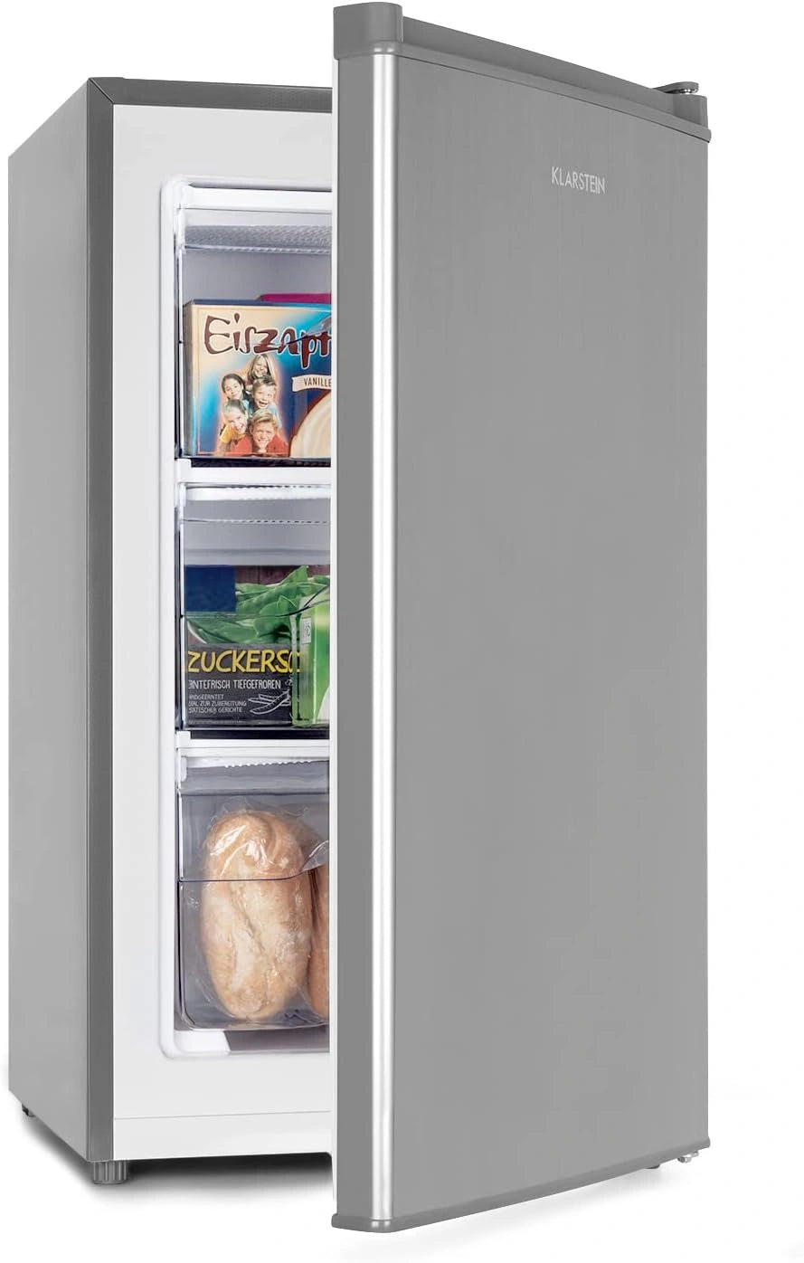 Klarstein mini-vriezer, klein en stil, vrijstaande vriezer, 64 liter kleine diepvrieskast met ijsblokjesbakje en ijsschraper, efficiënte, grijs