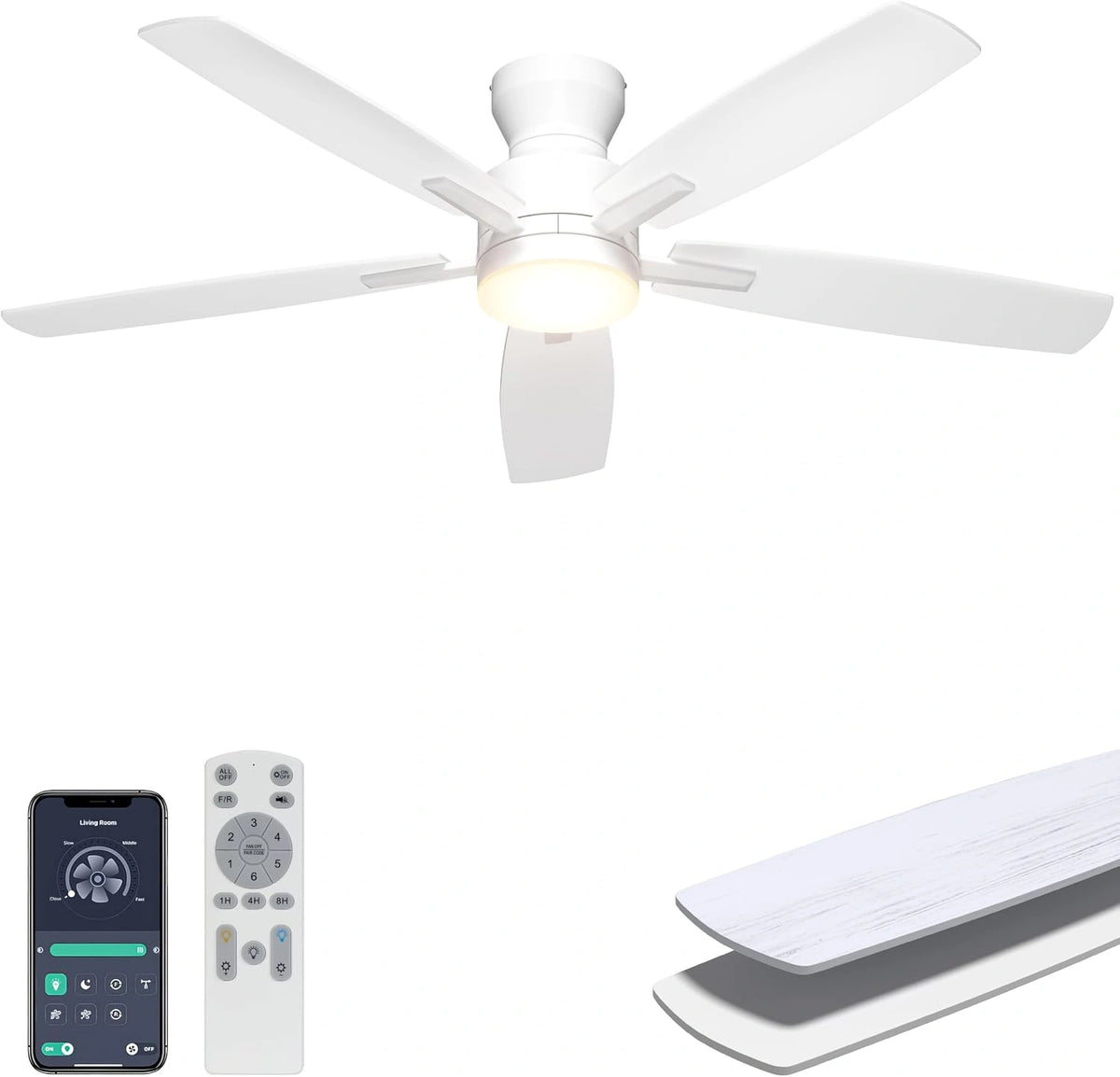 Ohniyou Plafondventilator met verlichting, 52 inch, afstandsbediening/app-bediening, dimbaar licht