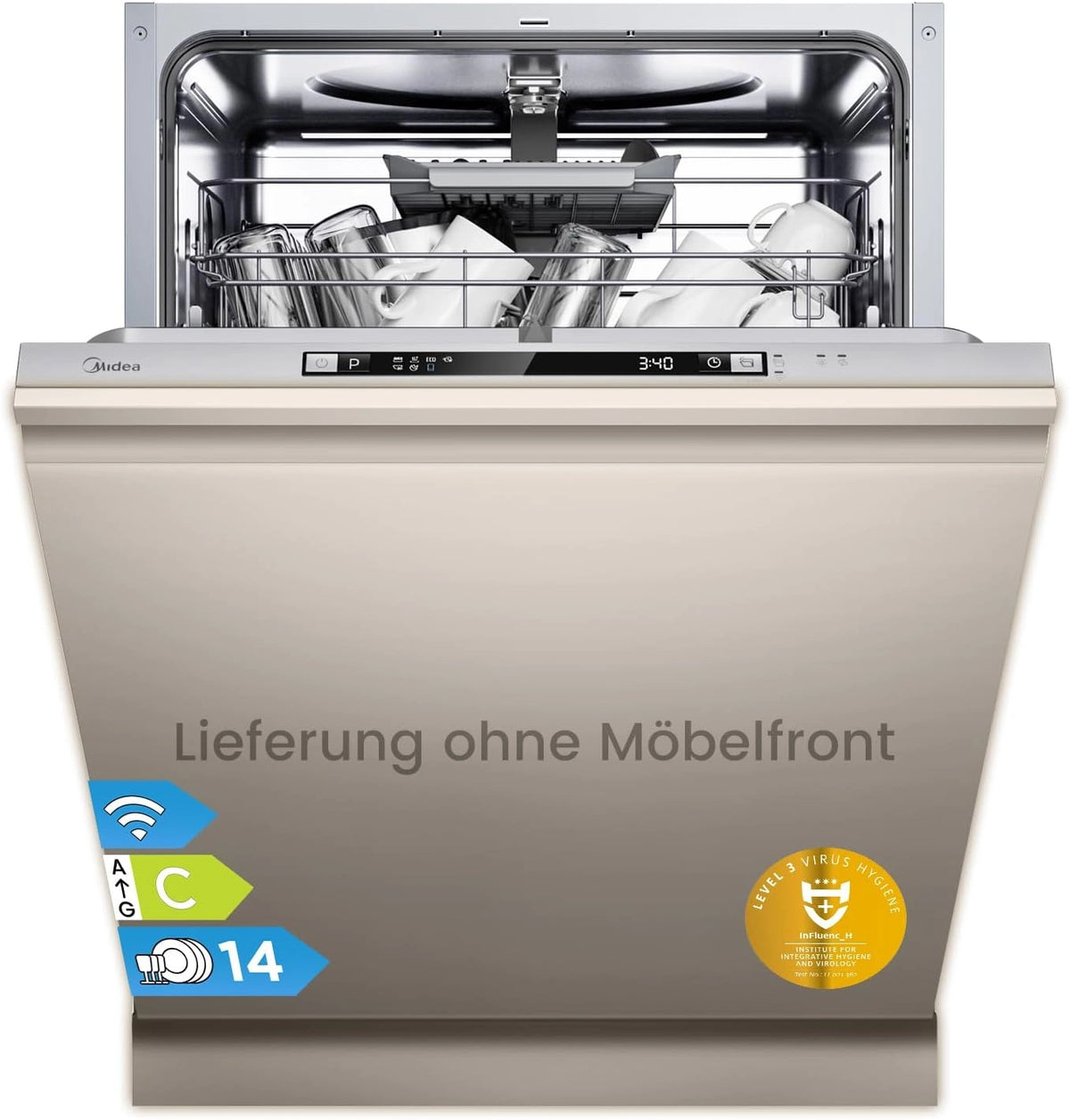 Midea Vaatwasser volledig geïntegreerd 60cm inbouw vaatwasser C-klasse, zilver