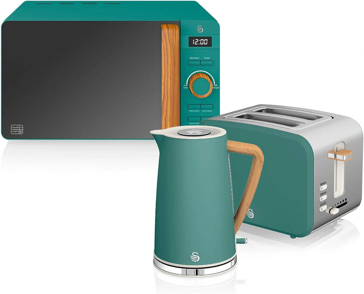 Swan Nordic ontbijtset, waterkoker, 1,7 l, 2200 W, broodrooster met brede sleuf, 2 sneden, magnetron, 20 l, digitaal, modern design, houtlook, groen