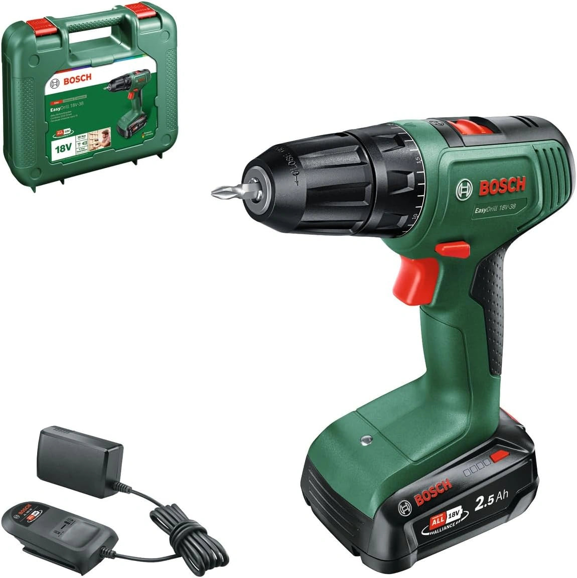 Bosch accuboormachine EasyDrill 18V-38 (1 accu 2,5 Ah; 18 Volt System; in opbergkoffer), groen