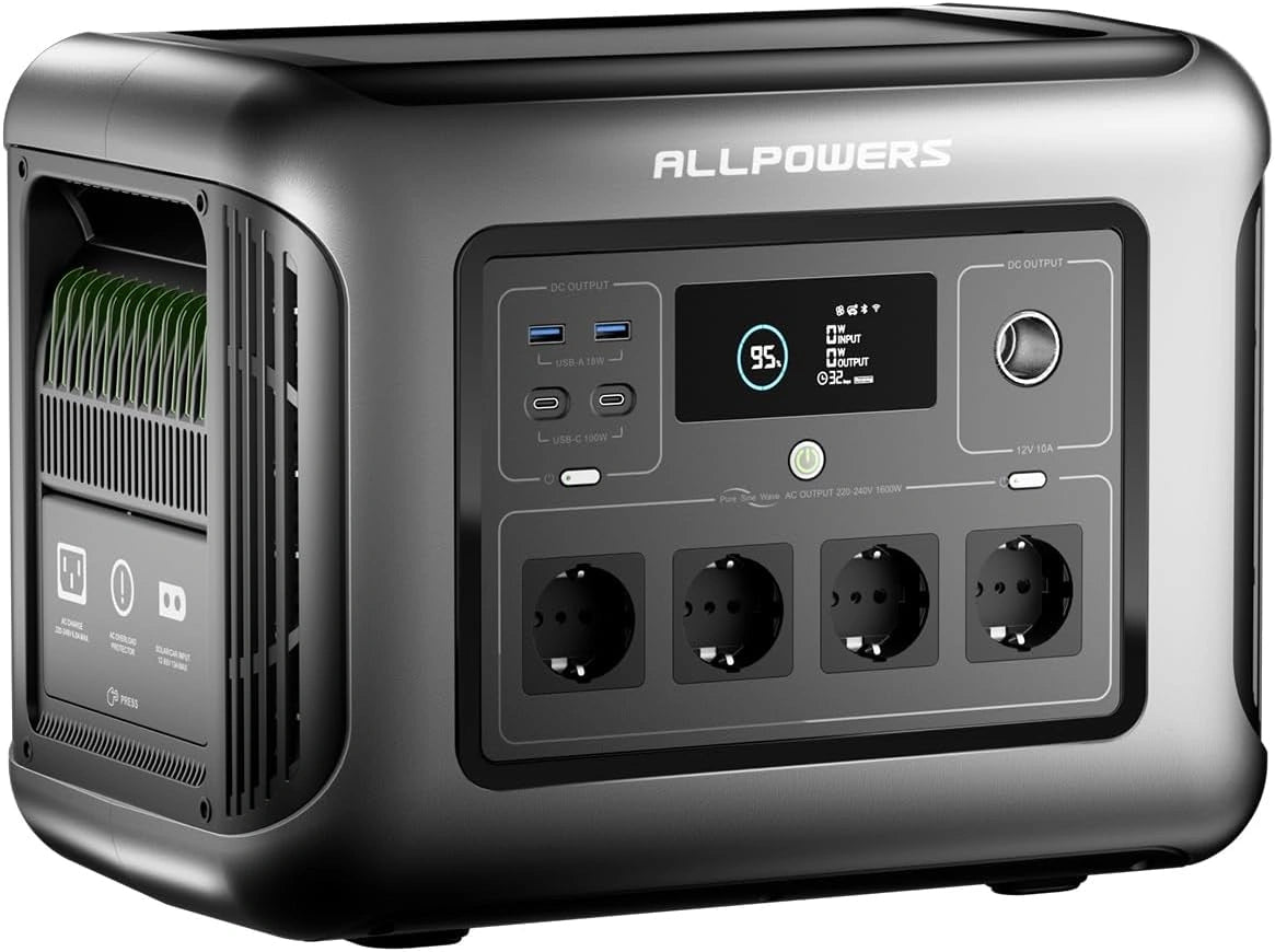 ALLPOWERS R1500 LITE Draagbaar powerstation, 1056 Wh LFP-batterijback-up met 4 x 1600 W AC-uitgang, zonne-powerstation