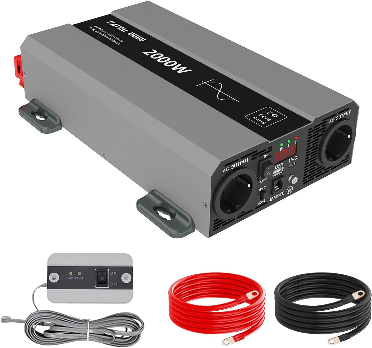 DATOUBOSS Spanningsomvormer 2000W 24V naar 230 V, 4000W Peak, Zuivere Sinus Omvormer met 2 EU-stopcontacten, USB-A en USA-C poorten en LCD-scherm