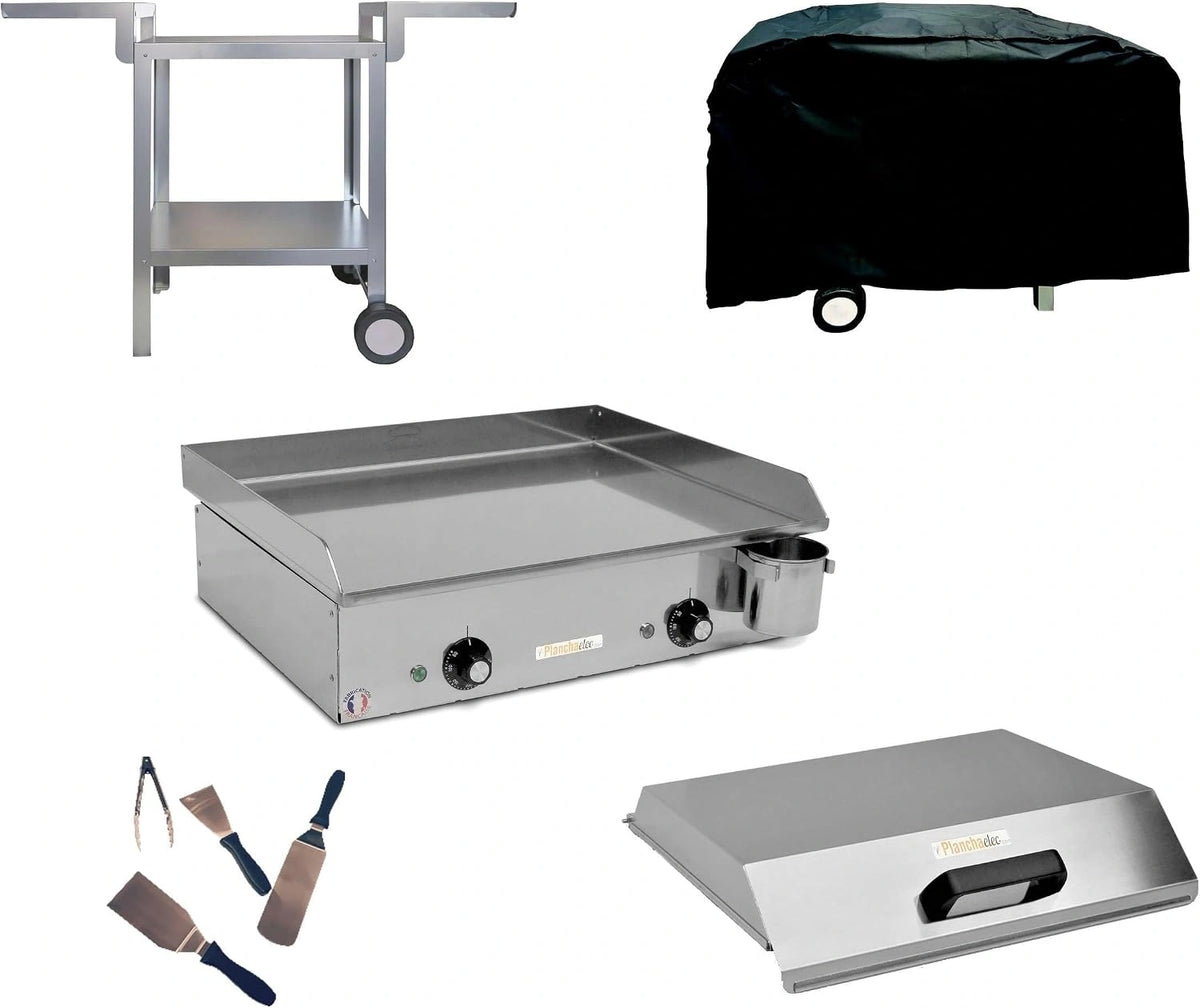 PLANCHAELEC- Complete set elektrische grillplaat NEO E530-2400W, Trolley + accessoires, RVS, Regelbare thermostaat, 8 personen, Made in France