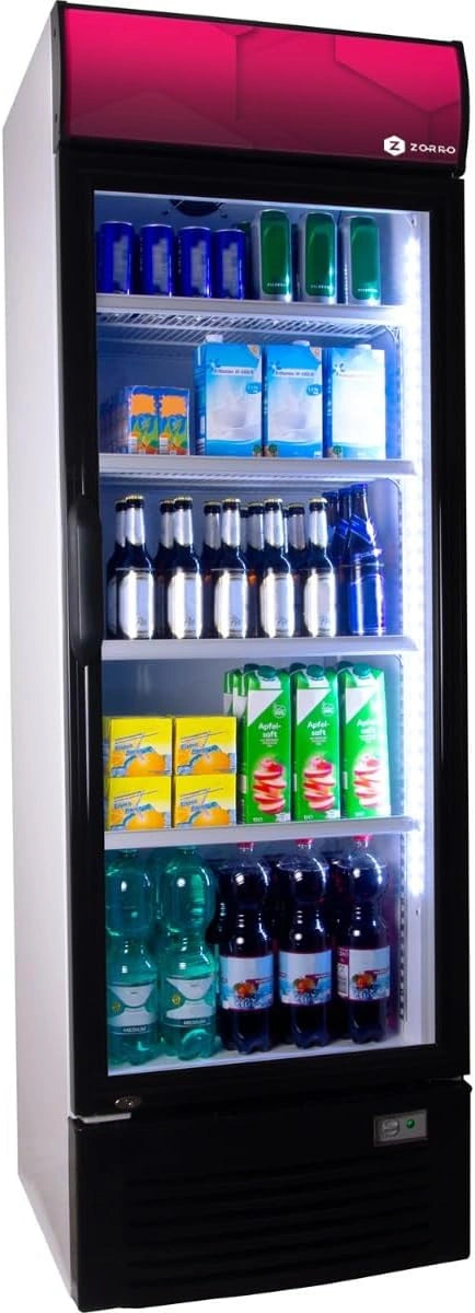ZORRO, Drankkoelkast ZK 380 liter met reclamebord, wit/zwart, flessenkoelkast, koelkast met glazen deur, gastronomische drankkoeler, partykoelkast