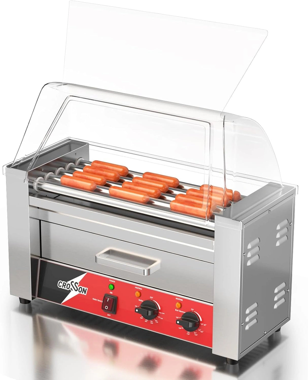 CROSSON Hot‑dog machine 5 rollen met broodjeswarmer,kap,temp.regelaar,1050W,bereidt 12 hotdogs, zilver
