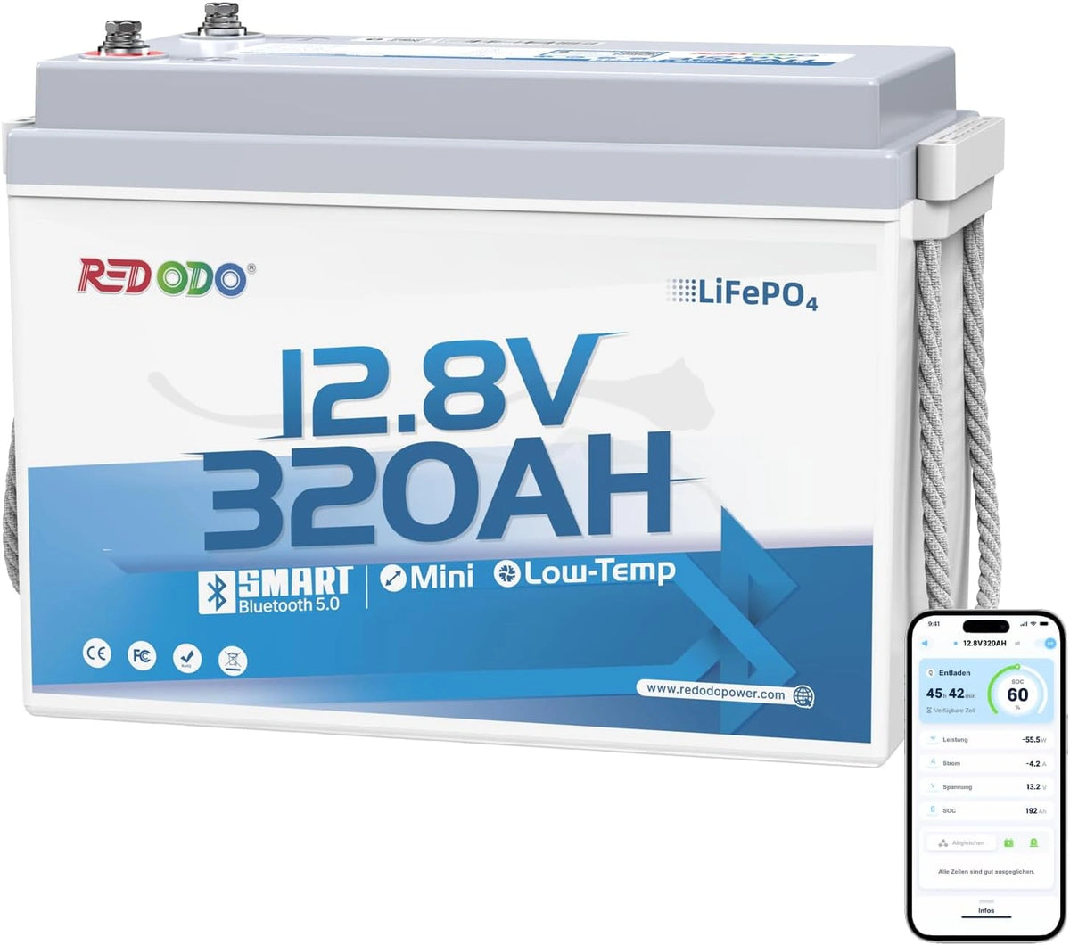 Redodo 12 V 320 Ah mini bluetooth lithiumbatterij met 200 A BMS, bescherming tegen kou, 15.000 laadcycli, ideaal voor camper, thuisopslag, boten enz