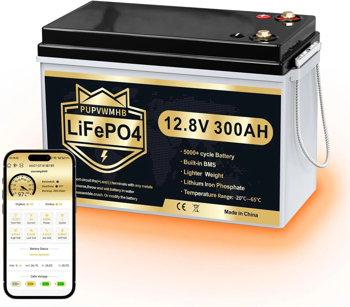 LiFePO4 accu 12 V 300 Ah met Bluetooth en zelfverwarming, BMS 200 A, 15000 cycli, 3840 Wh max, stop bij lage temperatuur, ideaal voor campers