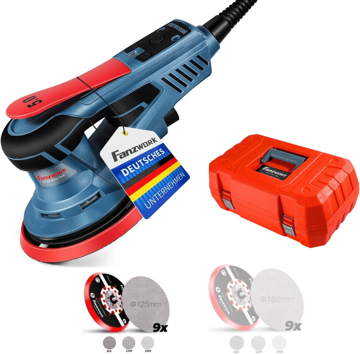 FANZWORK Excentrische schuurmachine, met 5 mm schuurslag, 125 mm/150 mm schuurschijf, 350 W borstelloze motor