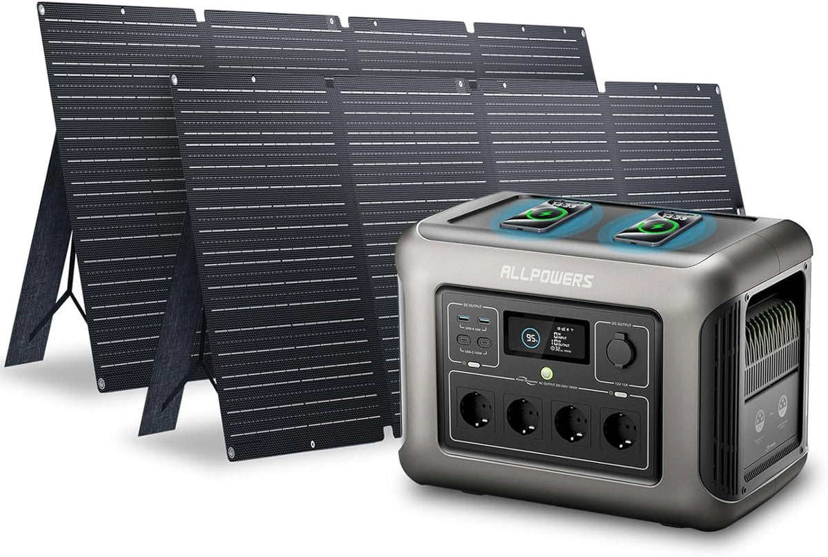 ALLPOWERS R1500 Set draagbaar powerstation met 2 x 200 W zonnepaneel, 1152 Wh LFP batterij back-up met 4 1800 W AC-uitgangen