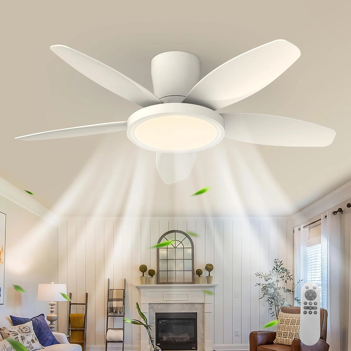 Qcyuui Stille plafondventilator, 106 cm, met ledlicht, omkeerbare DC-motor, afstandsbediening, timer, 6 snelheden, wit, voor slaapkamer, woonkamer