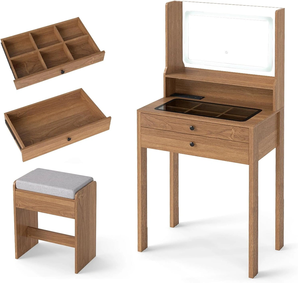 GIANTEX 3-in-1 make-uptafel met gevoerde kruk, make-uptafel met spiegel, ledverlichting in 3 kleuren, 2 laden, open rek, glasplaat