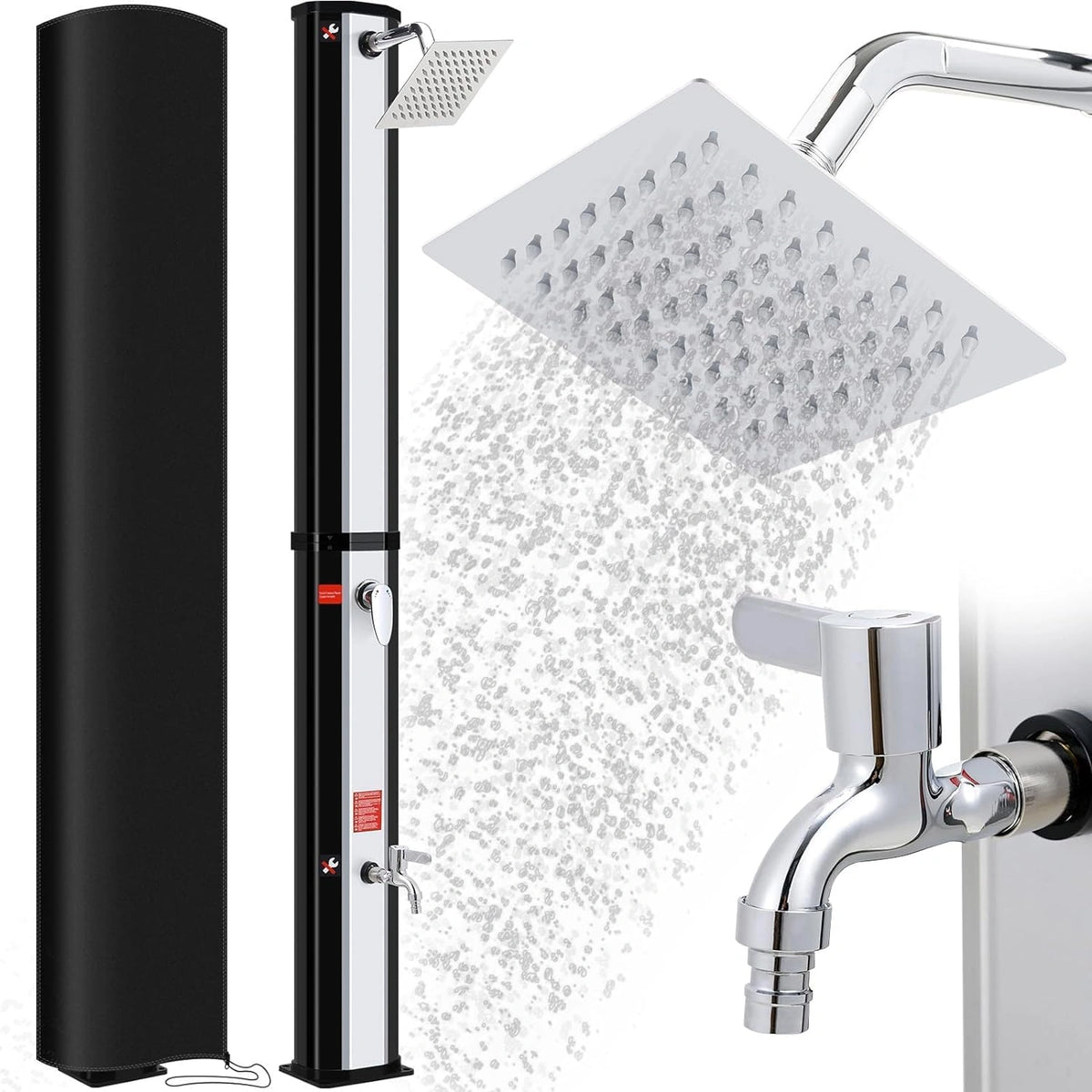 Solar Douche, Solar tuindouche 40 liter incl. 360° douchekop, kraan, tuinslangaansluiting & beschermkap, 4 stuks grondspijkers, zwembaddouche camping