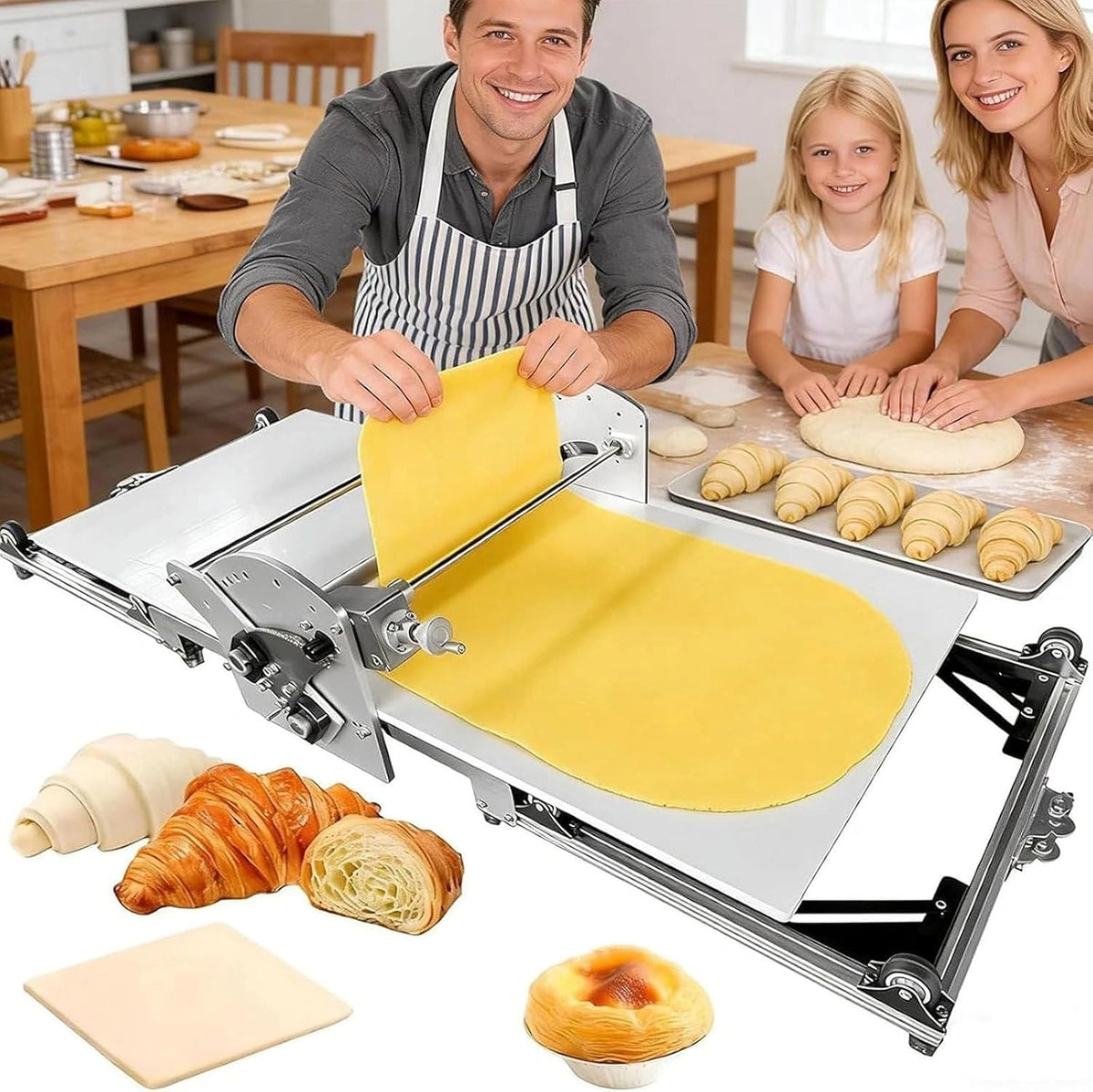 Commerciële elektrische deegroller, opvouwbare deegroller, croissantdeeglaminator, roestvrijstalen constructie Dikte-instelling 2-30 mm