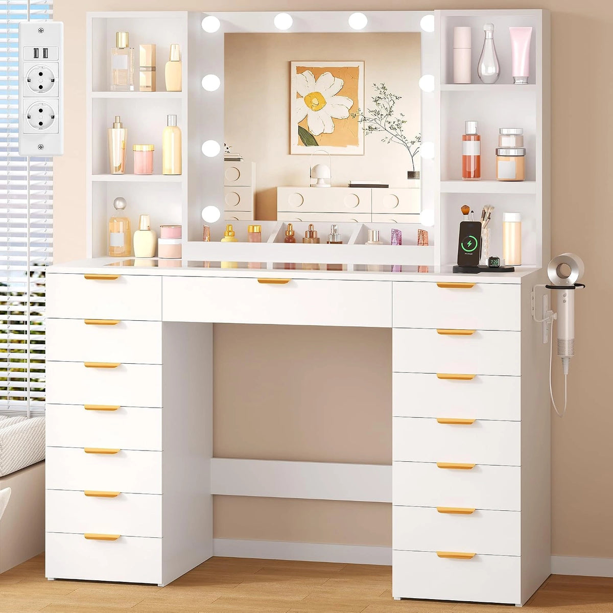 Kaptafel met grote spiegel en verstelbare LED-verlichting, 10 lampen, wit/beige