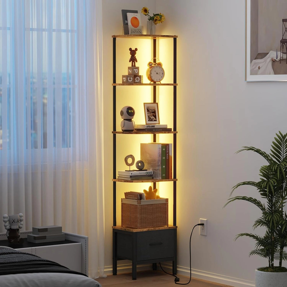 Hoekplank 5 niveaus met LED en lade, Bruin