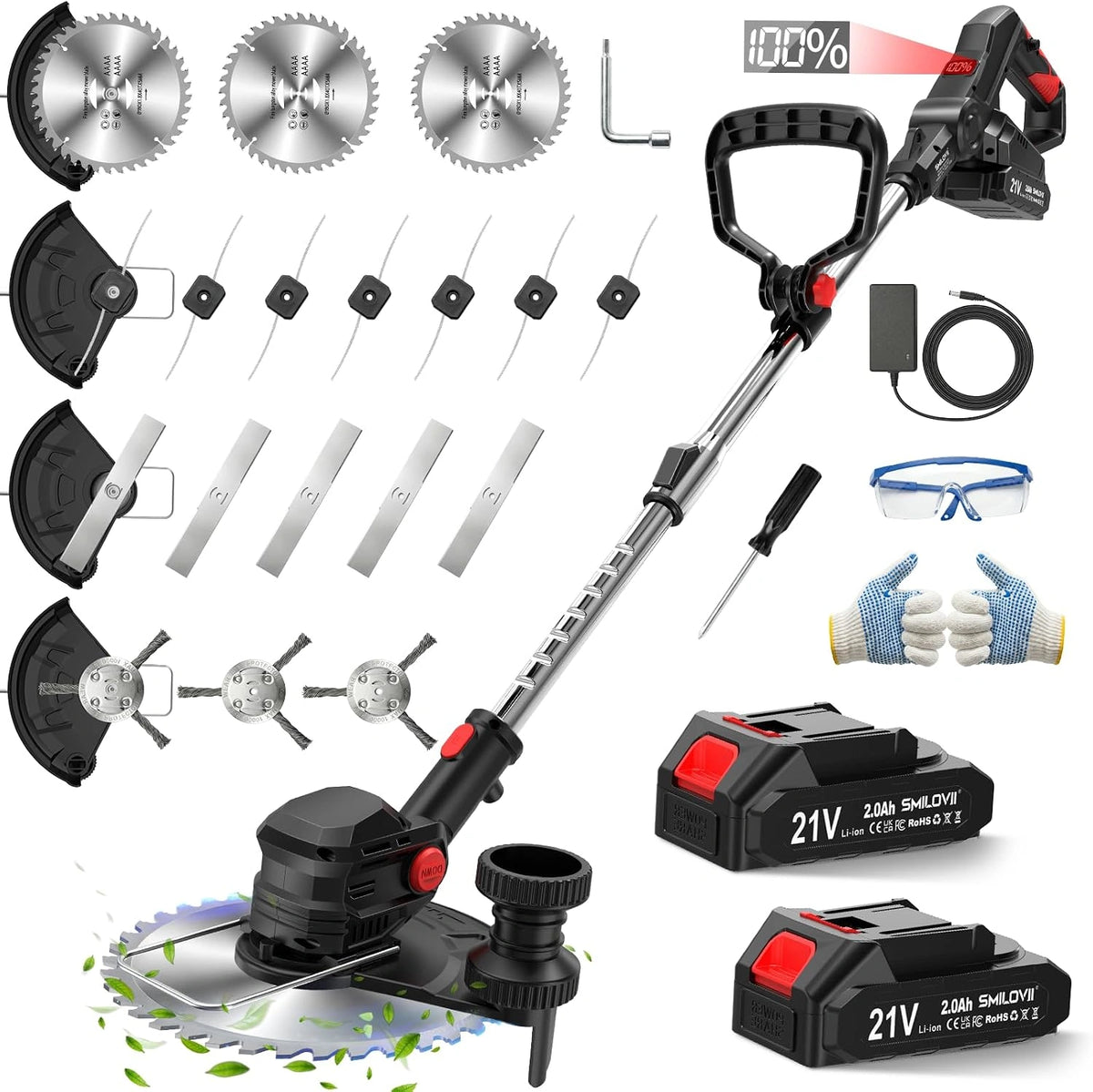 Grastrimmer met accu 21V, 4-in-1 bosmaaier & bosmaaier 24000 rpm, graskantensnijder incl. 2X 2.0Ah batterijen, wielen