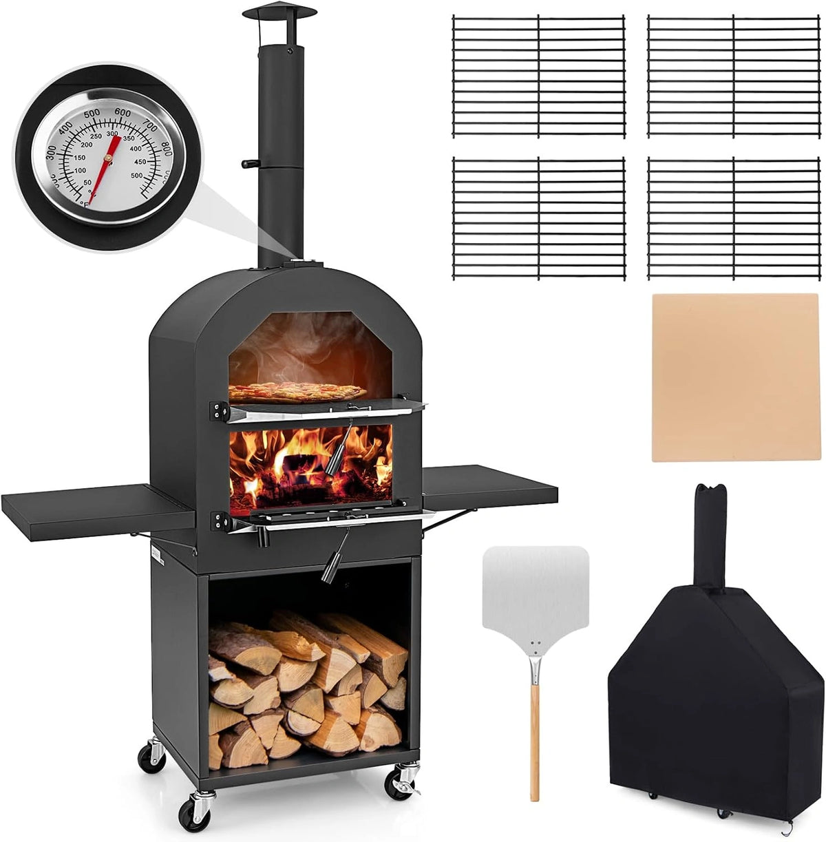 COSTWAY Pizzaoven, houtgestookte pizzaoven met wieltjes, 30,5 cm pizzasteen, pizzaspade, grillrooster, thermometer