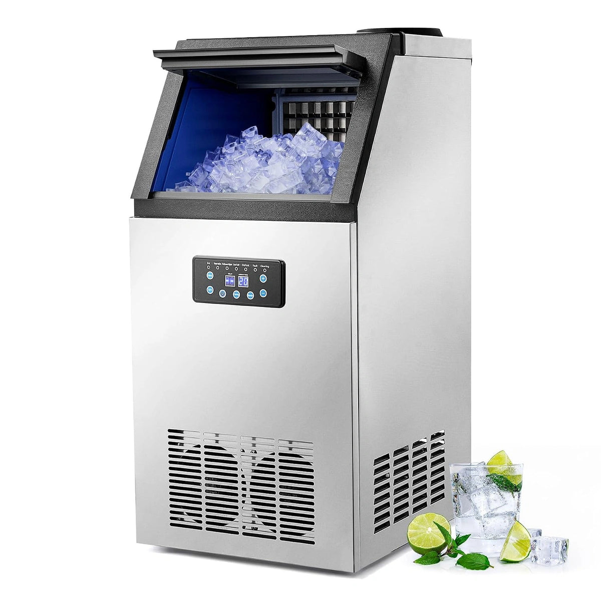 Wilprep 480 W IJsmachine, commercieel, 59 kg/24 u, ijsmachine met LCD-scherm, van roestvrij staal, voor thuis, kantoor, restaurant, bar