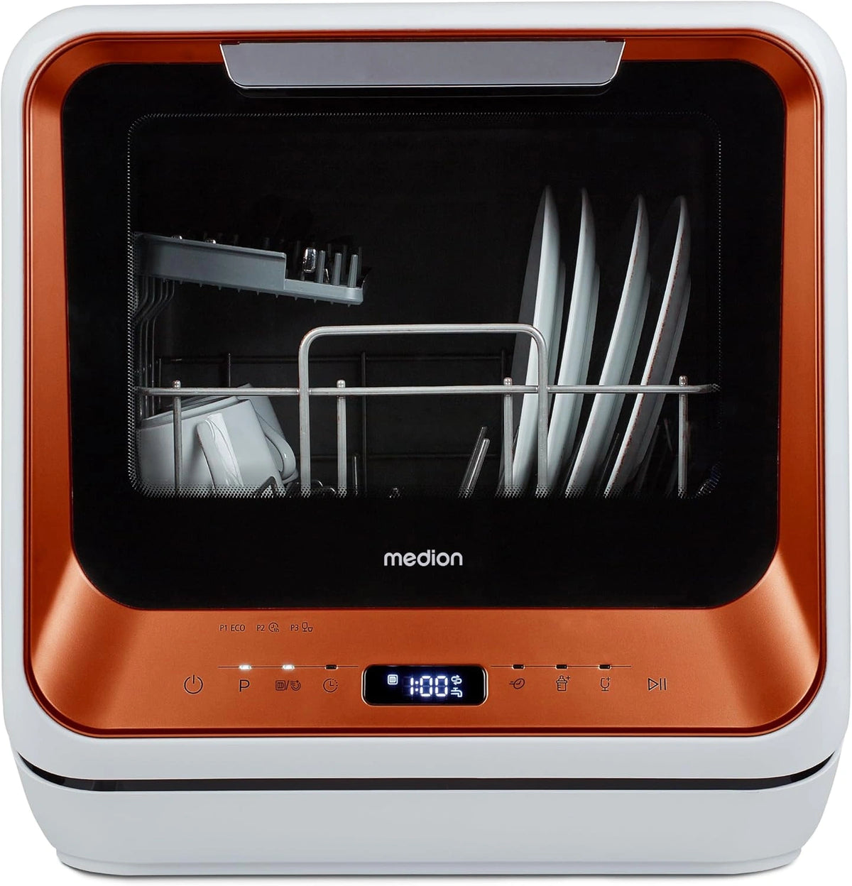 MEDION Mini vaatwasser DWT20 (tafelvaatwasser, 2 couverts, werkt met/zonder wateraansluiting, 6 programma's, babyflessen, starttijdkeuze, vrijstaand)