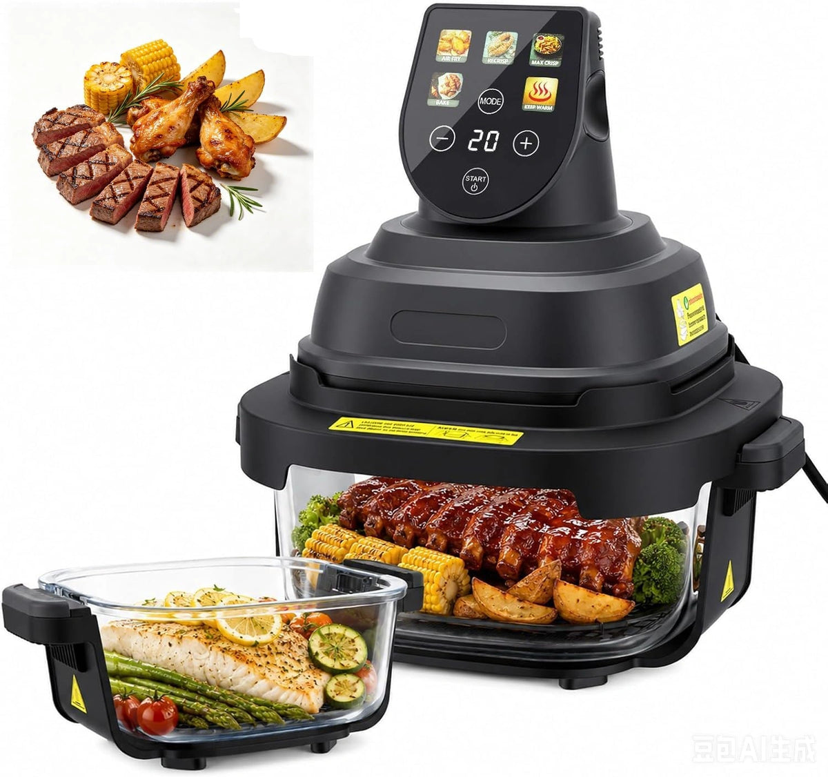 Heteluchtfriteuse Glas, heteluchtfriteuse dubbele capaciteit 4 + 1,5 l, 1500 W, 5 kookmodi, aanraakscherm, CE/3C-gecertificeerd