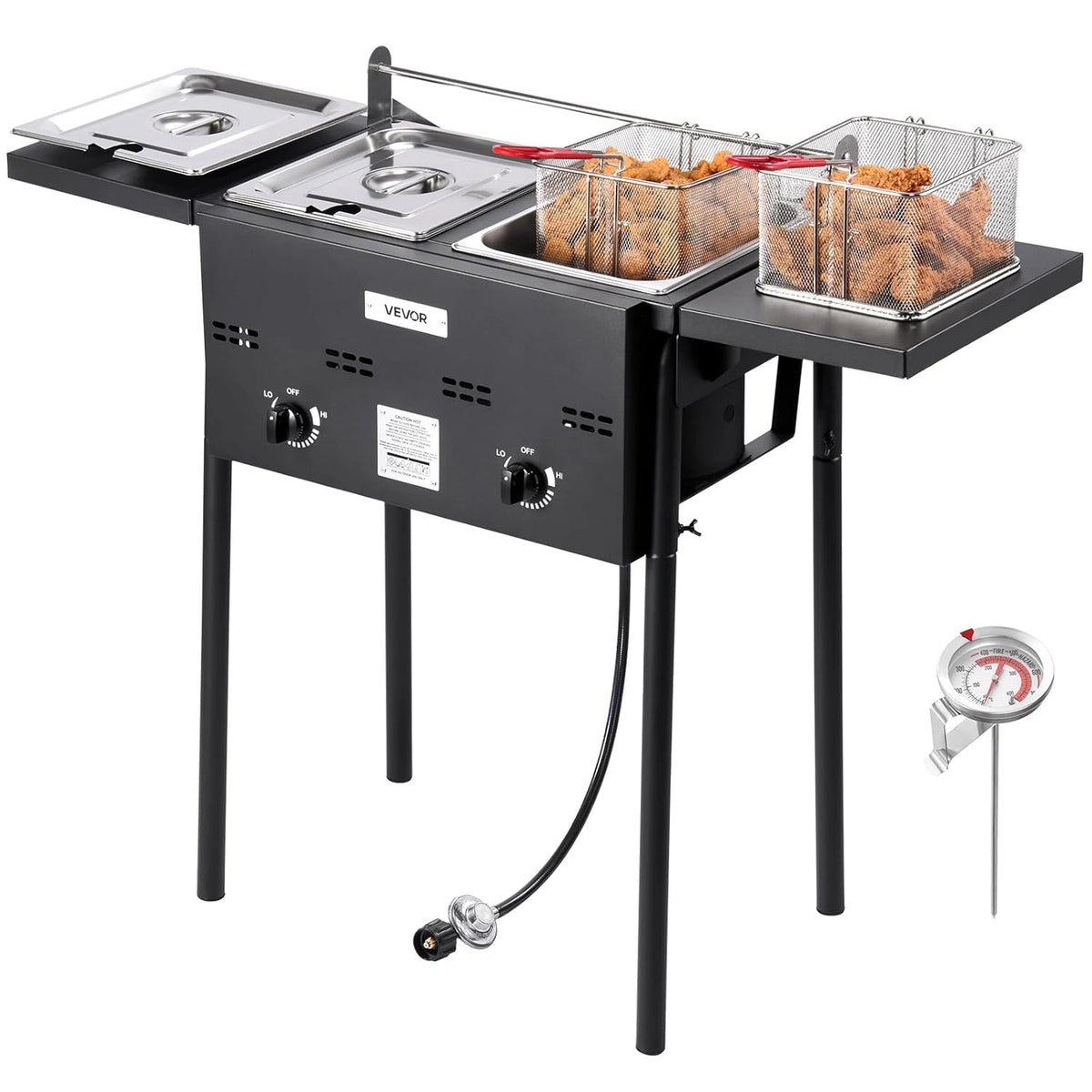 VEVOR Propaangasfriteuse met dubbele kuip, 9 l x 2, propaangaskookapparaat van roestvrij staal, vrijstaand, met opvouwbaar platform en warmteregeling