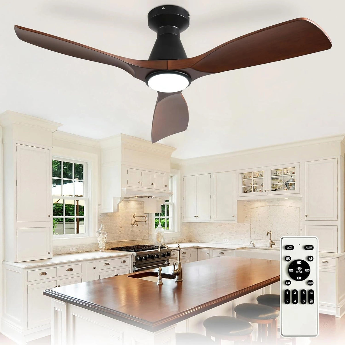 Depuley 42 inch plafondventilatoren met licht: walnoot 3 vleugels Flush Mount lage plafondventilator voor slaapkamer