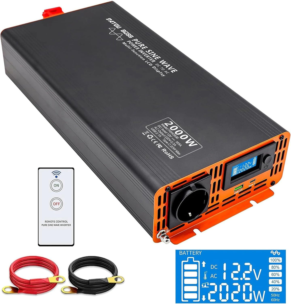DATOUBOSS 2000W Omvormer 12v naar 230v Zuivere Sinus, Spanningsomvormer Pure Sine 12v 230v met AC-aansluiting en 3A USB-poort Voor Thuis, Camper