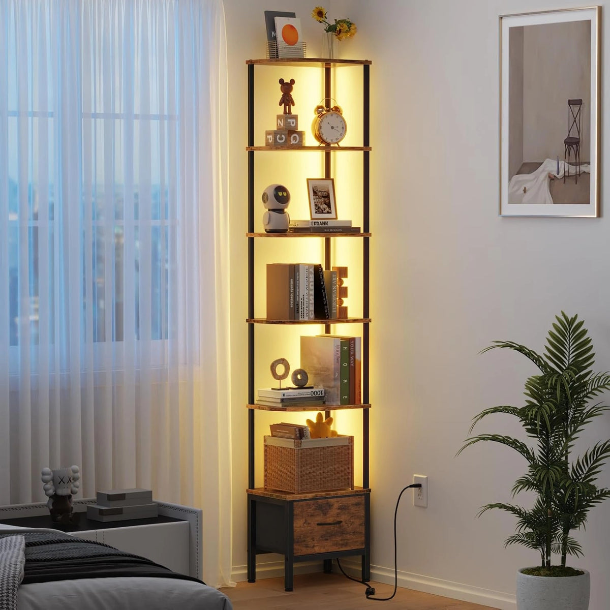 Hoekplank 6 niveaus met LED en lade, Bruin