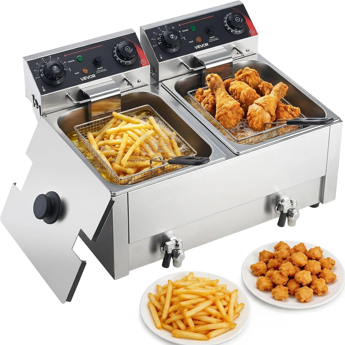 VEVOR Commerciële elektrische friteuse, dubbele tank van 19 liter, 3500 W roestvrijstalen werkblad-friteuse met manden en deksels