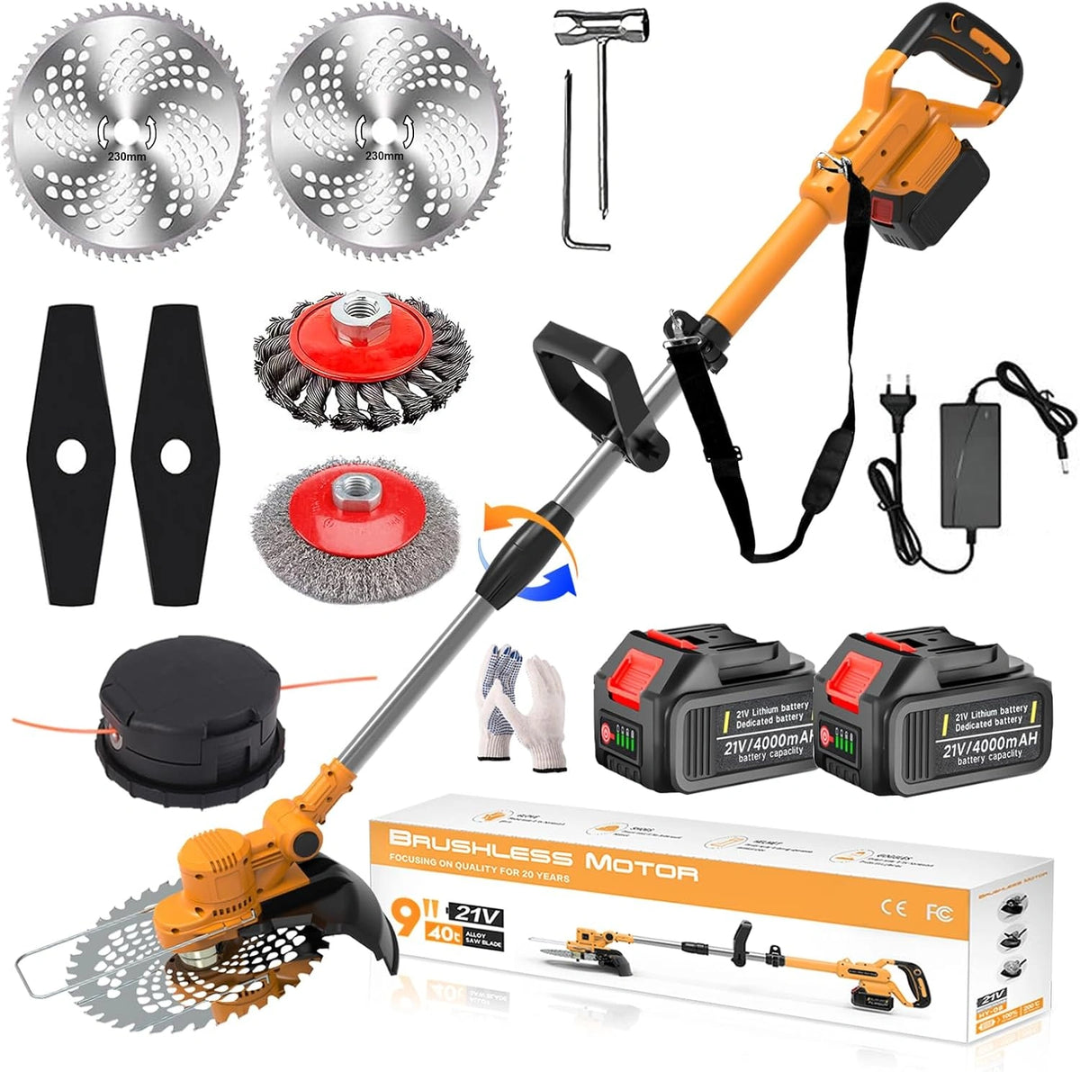 Accu-Grastrimmer, 21 V, 4-in-1 Elektrische Trimmer Met Borstel Voor Onkruidbestrijding, Borstelloze Motor, 2 Batterijen 4,0 Ah, Voor Tuin, Oranje, B