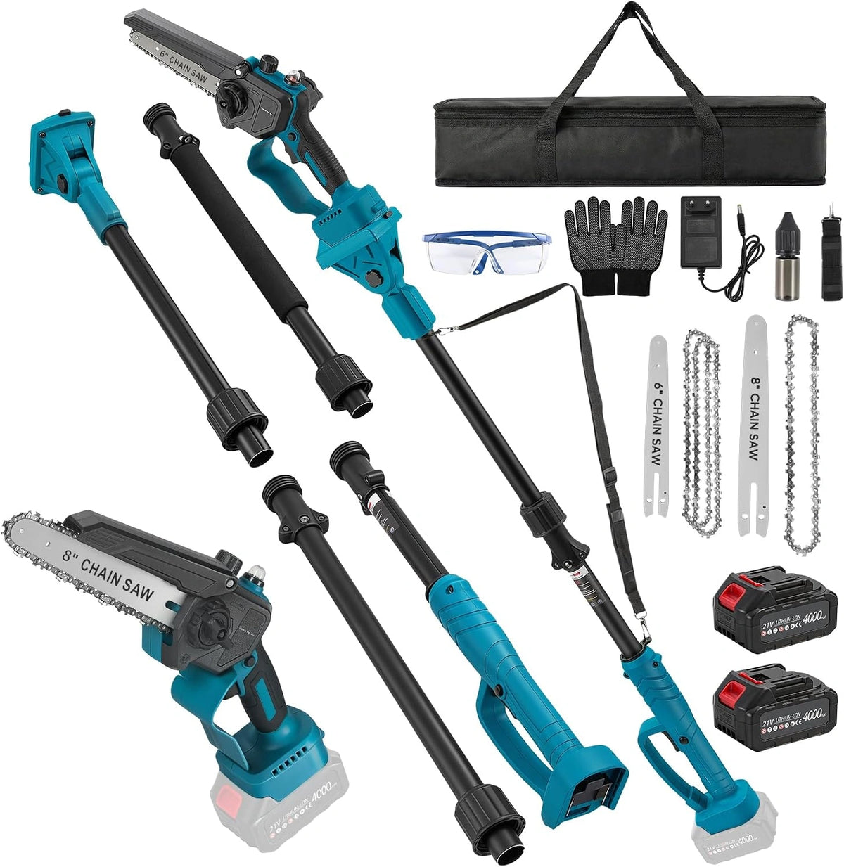 4-in-1 accu-hoogsnoeier, borstelloze mini-kettingzaag van 6 & 8 inch met 2 x 4000 mAh batterijen, 4,6 m bereik