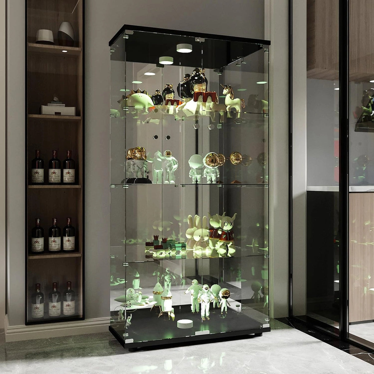 Glazen vitrinekast met LED, vitrinekast voor collectie, 2 deuren met slot, 4 planken en spiegelbodem, 164 x 80,5 x 36,5 cm, zwart
