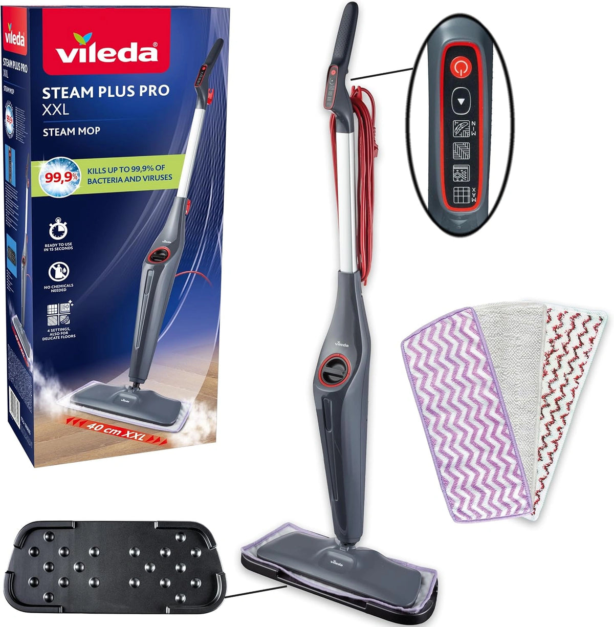 Vileda Steam Plus Pro XXL stoomreiniger, doodt tot 99% van de bacteriën en virussen, perfect voor delicate vloeren, met 4 stoominstellingen