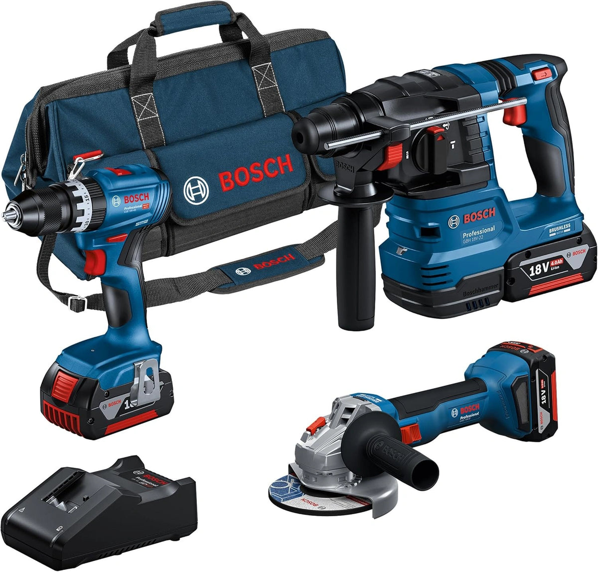 Bosch Professional 18V System accu-combiset: GSB 18V-45 + GBH 18V-22 + GWS 18V-8 (met 3 x GBA 4,0 Ah, GAL 18V-40, gereedschapstas), Amazon Exclusive
