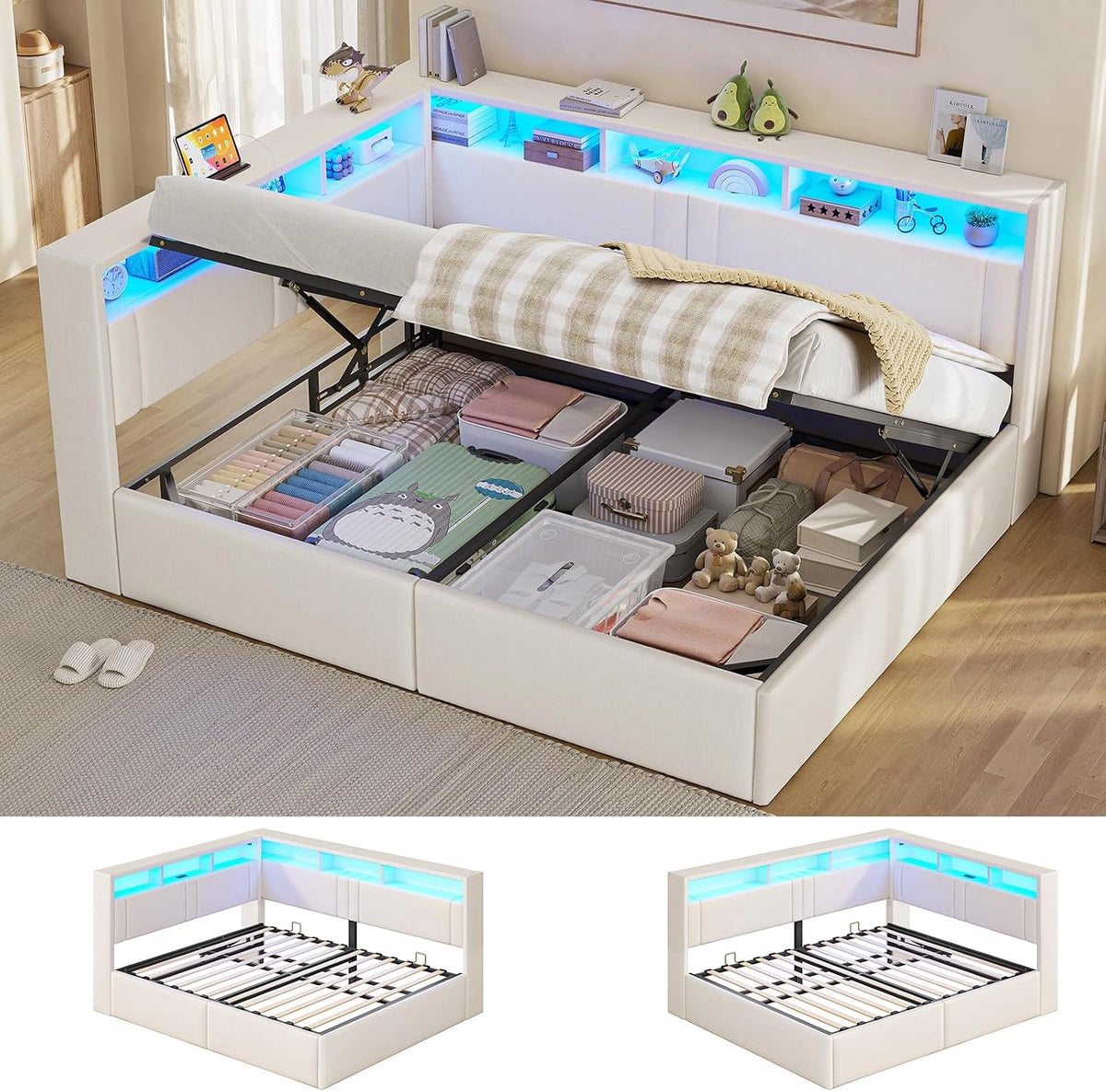 AOGLLATI Tweepersoonsbed met opbergruimte, 140 x 200 cm, ruimtebesparend, zilver