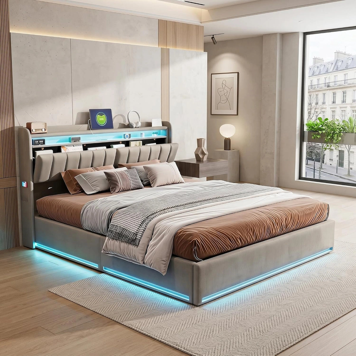 Tweepersoonsbed met opbergbox 140 x 190 cm, gestoffeerd bed, 140 x 190 cm, opbergbed met LED en USB, bedstructuur met opbergbox en hoofdbord