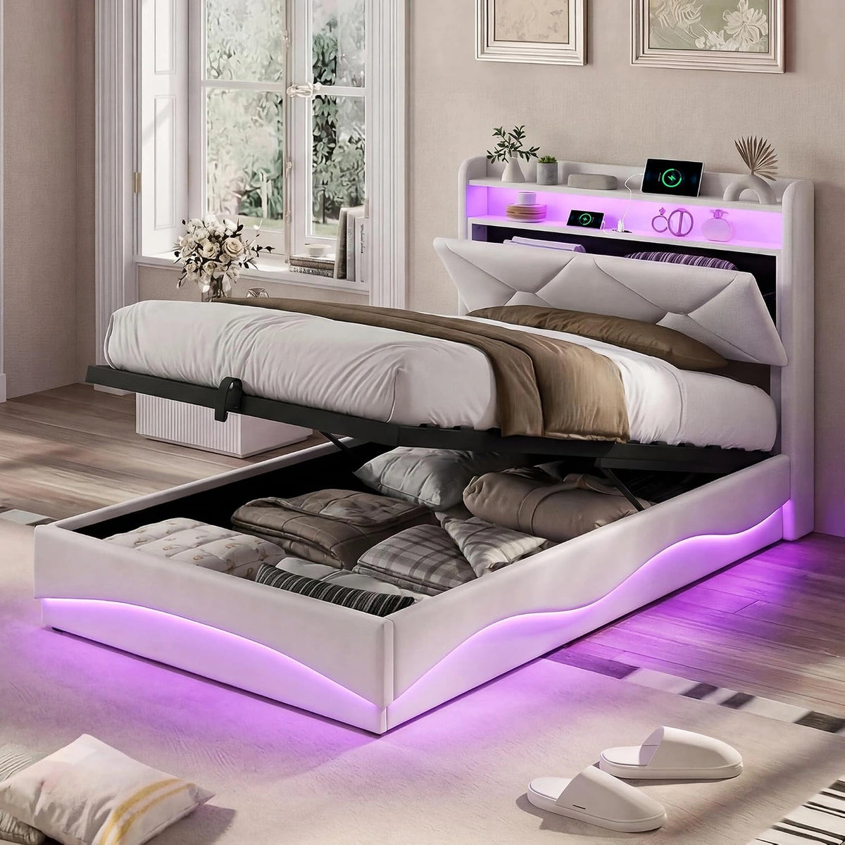 Gestoffeerd eenpersoonsbed 90x200 met led en opbergruimte, jeugdbed 90x200 met ledverlichting en USB & type C laadstation, gevoerd bedframe