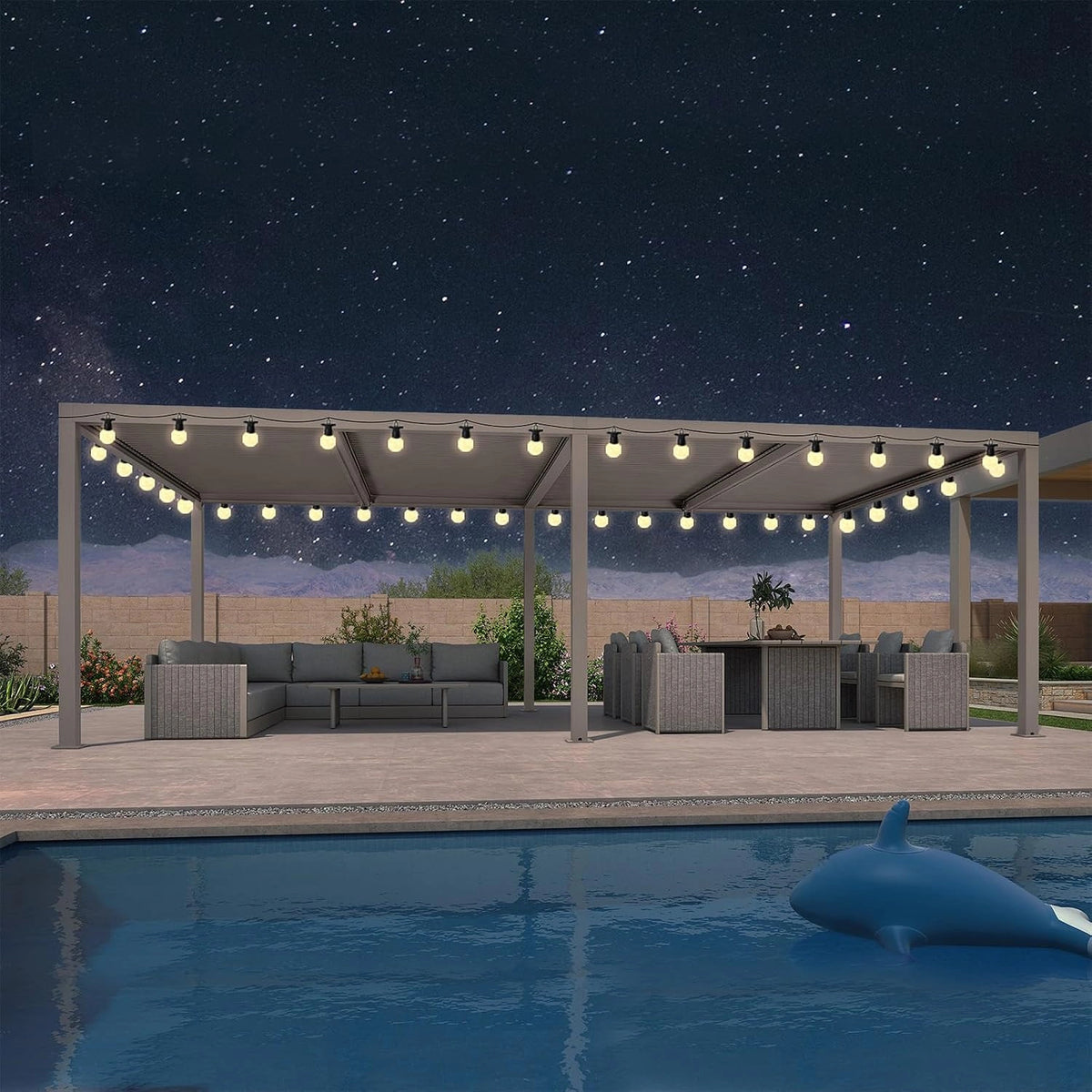 Aluminium bioklimatische pergola 7,39 x 3,68 m met LED-verlichting, verstelbaar lamellendak, onderhoudsvrije tuinluifel voor terras en terras