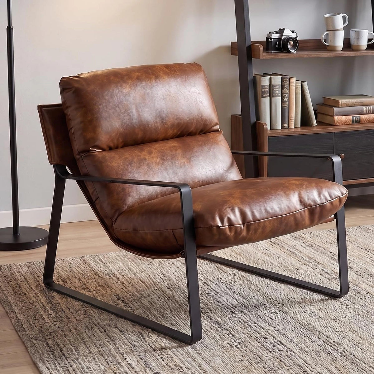 Ya-Home Sessel voor de woonkamer, leesstoel met armleuningen, moderne loungestoel met metalen frame, kunstleer, bruin
