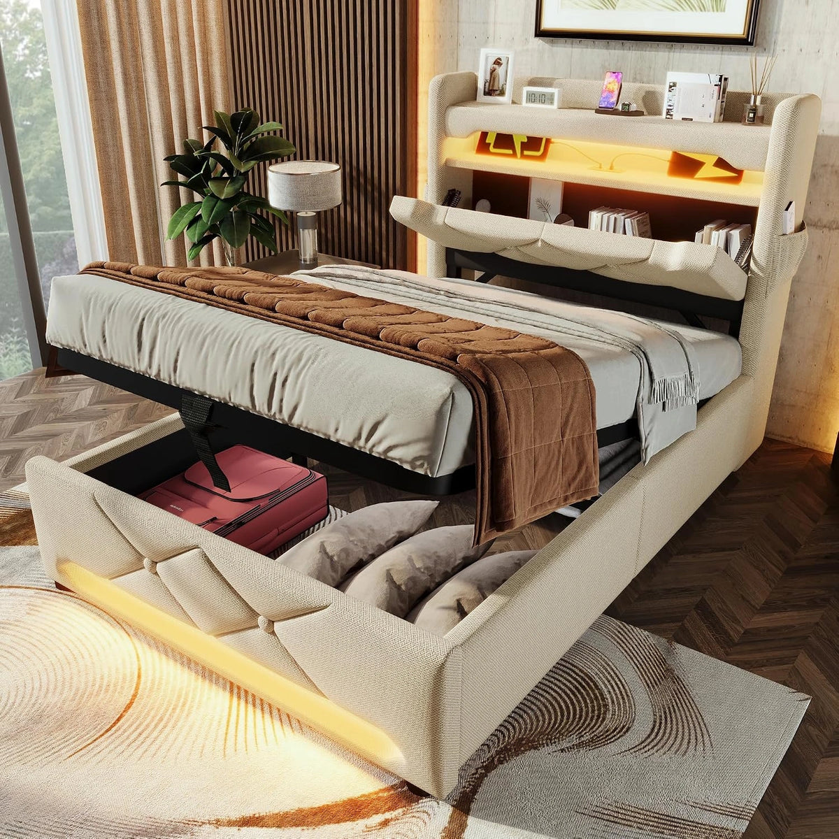 Gestoffeerd bed 90x200 eenpersoonsbed, hoofdeinde opbergruimte met USB- en type C-poorten, LED-verlichting aan het hoofd- en voeteneinde van het bed