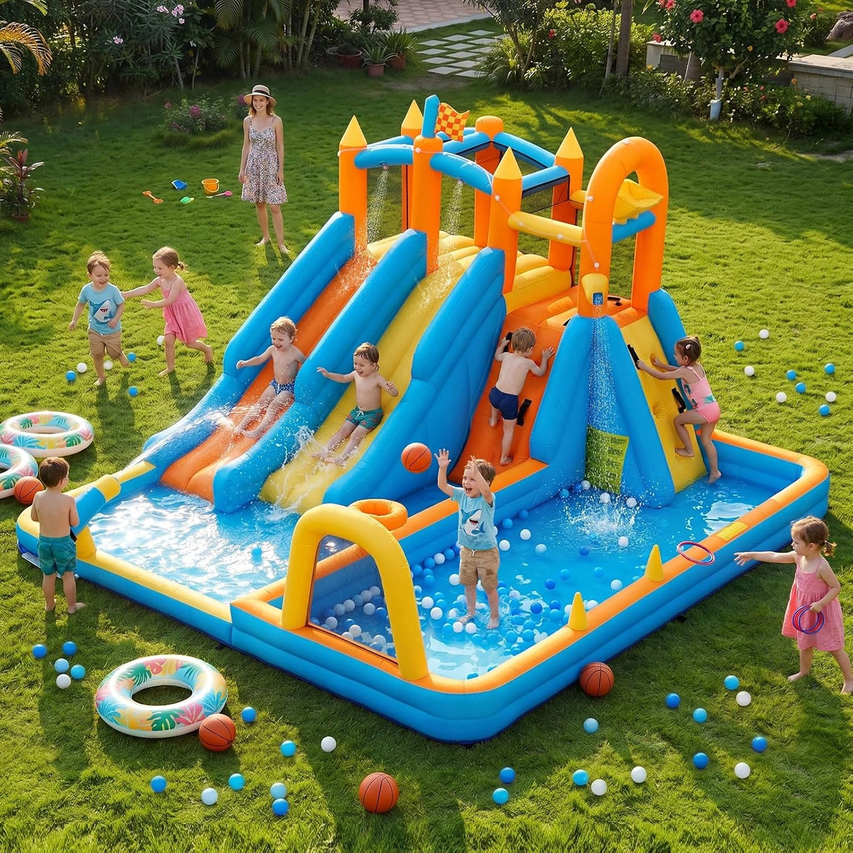 FOOING Opblaasbaar springkasteel met 2 glijbanen, klimwand en basketbalmand, waterspeelkasteel met veiligheidsnet voor tuin