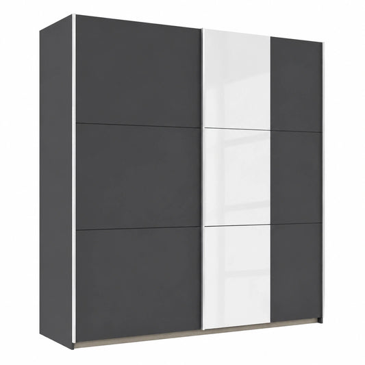 Rauch Möbel Kronach Schwebetürenschrank, 2-türig, Grau Metallic/Schwarz, Spiegel, inkl. Zubehörpaket mit Kleiderstangen und Einlegeböden, 218x210x59 cm