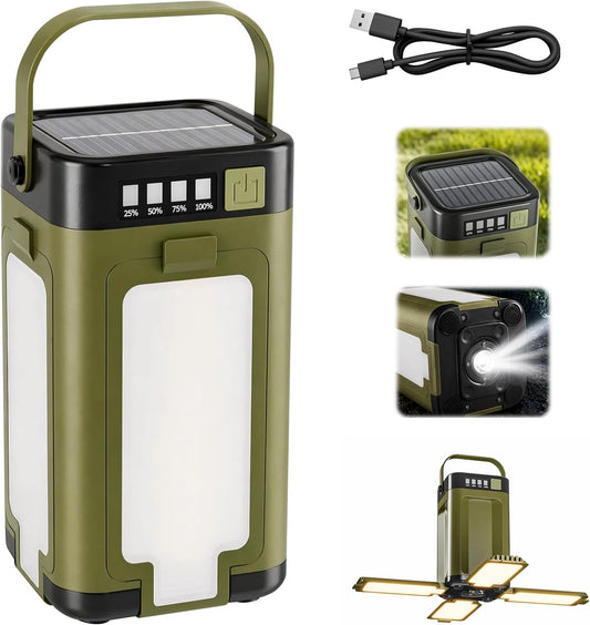 Campinglamp op zonne-energie en USB-C-oplading, 4 beweegbare lampen, 6 modi, 2000 mAh accu, IPX4 waterdicht, opvouwbaar met haken voor kamperen